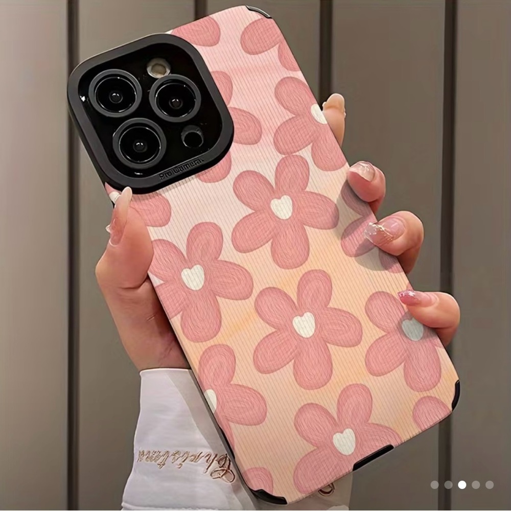 iPhone Phone Case Vertical Stripes PU Leather Texture Pink Floral Pattern
